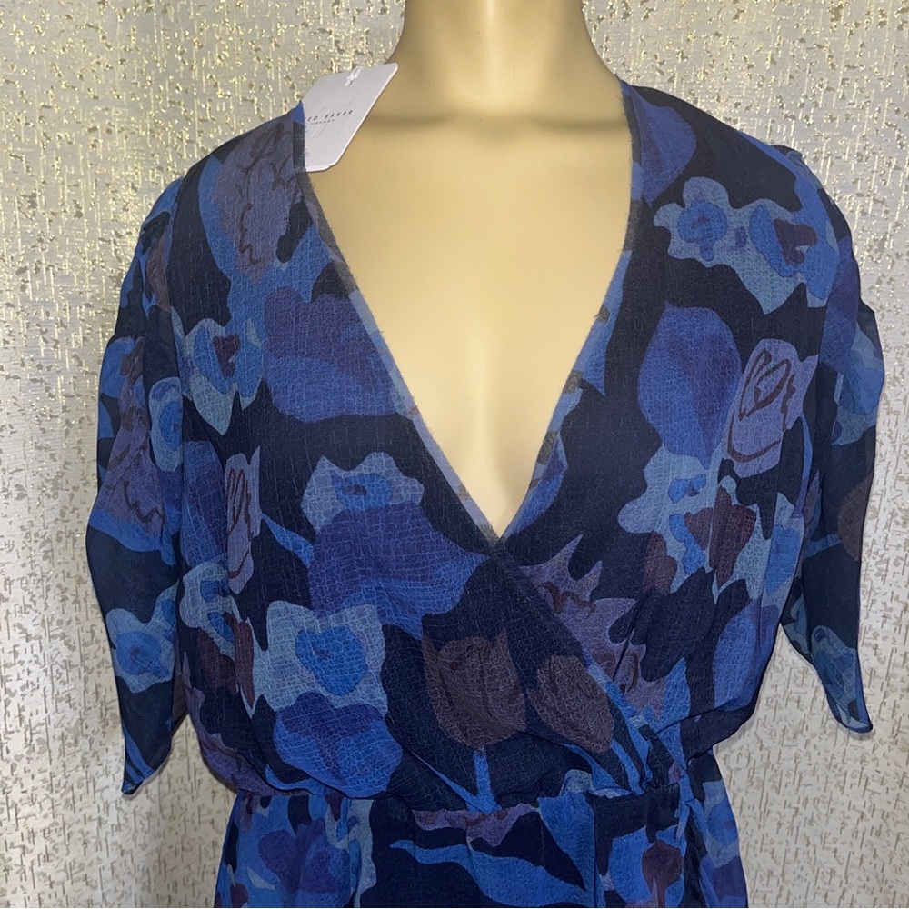 TED BAKER London Julea Ruched Sleeve Blue Floral Dress, NWT, Size 2